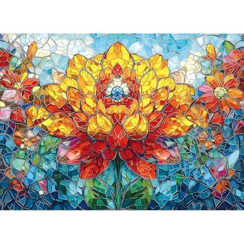 MINIWAN 1000 Piece Stained Glass Lotus Flower Jigsaw Puzzle | 27.5"x19.7", Letters on Back, Reference Poster, For Adults & Seniors - color: Flower of Life