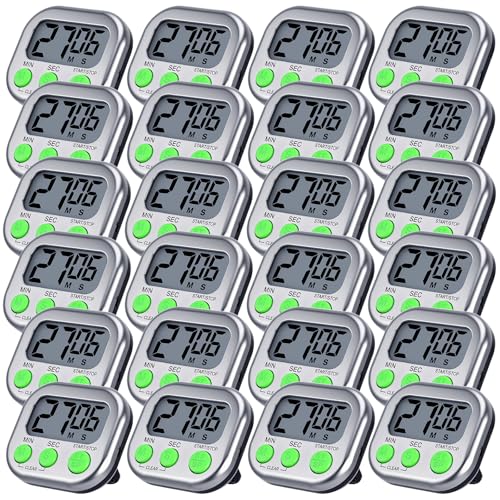 Leumoi 24 Pack Multi-Function Digital Timers with Magnetic Back, Large LCD Display, Loud Alarm, Count up & Countdown, Memory Function for Cooking, Classroom, Study, Exercise & Work(Sliver and Green) - color: Sliver and Green