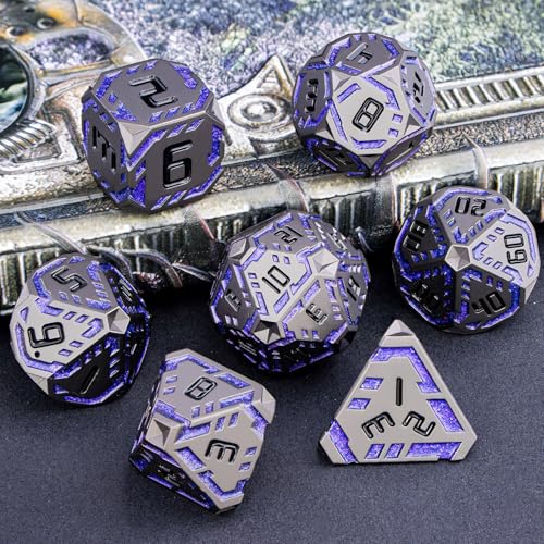 Metal DND Sci-fi Dice Set 7PCS Stripe Polyhedral Dice for Dungeons Dragons RPG Role Playing Game, Glitter D and D Dice with Gift Box D6 D8 D10 D12 D20 (Black Purple) ﻿ - color: Black - Purple