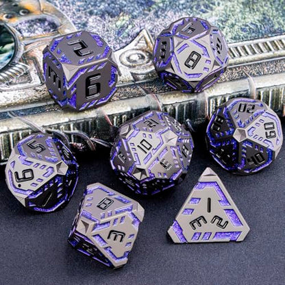 Metal DND Sci-fi Dice Set 7PCS Stripe Polyhedral Dice for Dungeons Dragons RPG Role Playing Game, Glitter D and D Dice with Gift Box D6 D8 D10 D12 D20 (Black Purple) ﻿ - color: Black - Purple