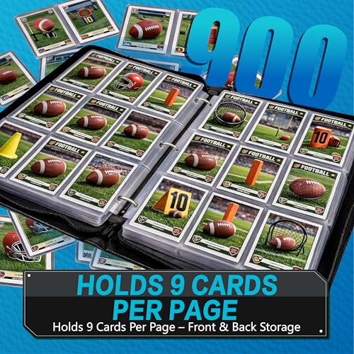 Football Card Binder with Sleeves, 9-Pocket Portable Card Protectors Album Holder Book with Zipper, Fits 900 Cards with 50 Removable Sleeves, Football Cards Display Storage Carrying Case - color: Football-01