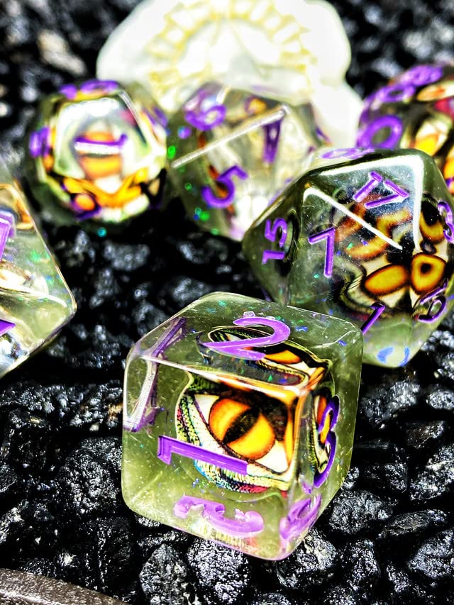 Sage's Portal Animal Familiars Resin DND Dice Set Polyhedral Dice Set for Dungeons and Dragons RPG Pathfinder Tabletop TTRPG (Bottled Yellow/Green Dragon Eyes) - color: Bottled Yellow/Green Dragon Eyes