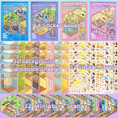 4 Sticker Books,32 Sets (1200+) DIY 3D Scene Stickers for Kids & Adults | Make Your Own Cute Kawaii Mini House & Room Scenes with Sticker Craft Book, Creative DIY Designs, Fun Gift for Kids & Adults - style: 4 Books – Girl Dream Town