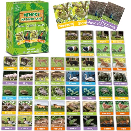 gisgfim 100 PCS Memory Matching Games Spanish English Bilingual Animal Memory Matching Games Educational Game for Kids and Adults A Fun & Fast Animal Game Toddlers Preschool Family Board Gift - style: Spanish English Bilingual Animal