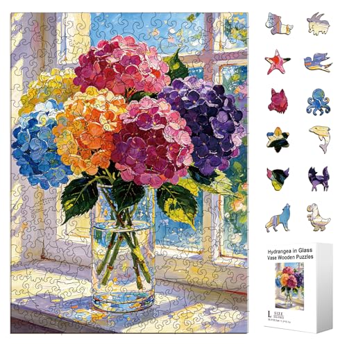300pcs Wooden Puzzles for Adults Unique Animal Shaped Pieces | Colorful Plant Flowers Funny Jigsaw Puzzle Challenging Brain Teaser for Family Game Birthday Gift Home Decor (Hydrangea) - color: Hydrangea
