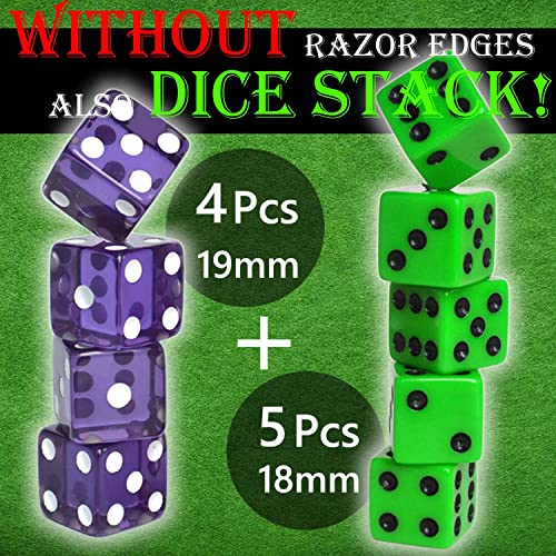 Dice Stacking Cup Set with 4 Pcs 19mm Purple and 5 Pcs 18mm Green Standard 6 Sided Dices, Blue Cup with Storage Bag - Magic Tricks Instruction