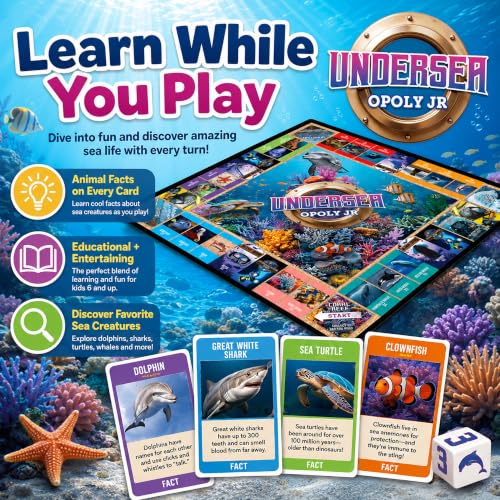 MasterPieces 어린이 및 가족 보드 게임 - Undersea Opoly Jr. - 어린이 및 가족을 위한 공식 라이선스 보드 게임 - style: 해저