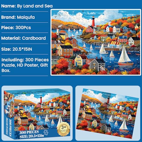 300 Pieces Puzzle for Adults | Town in Autumn Puzzle | Recycled Cardboard Large Piece Jigsaw Puzzles 300 Pieces | Challenging Game Home Decor Birthday Party Gift Toy for Adults Kids Seniors 20.5*15 in