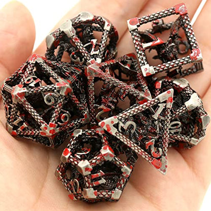 DND Dice Set,3D Hollow Dragon Metal 7-Die,Silver Blood Spot | Copper construction,68g Balanced weight,Engraved numbers,Gift box and Velvet bag for DND RPG play - color: 3d Silver Blood Spot