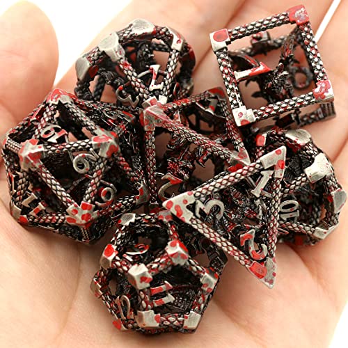 DND Dice Set,3D Hollow Dragon Metal 7-Die,Silver Blood Spot | Copper construction,68g Balanced weight,Engraved numbers,Gift box and Velvet bag for DND RPG play - color: 3d Silver Blood Spot