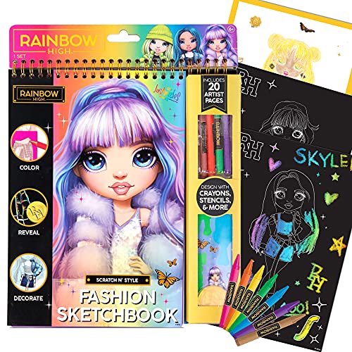 Rainbow High Scratch ‘n Style Fashion Sketchbook by Horizon Group USA, Scratch Art, Coloring Book, Includes Stencils, Crayons, Scratch Art Stickers & More,Multi,210933 - style: Coloring Book