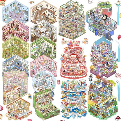 3D House Stickers,DIY Sticker Therapy for Adult Fun Cute Cartoon Stickers | Scene Make Your Own for MINI Room Scenes for MINIature Supermarket for Relief Stress Pass The Time (6 Pcs Large+12 Pcs) - size: 6 Pcs Large + 12 Pcs Regular