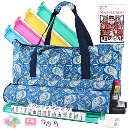 Goldge American Mahjong Tile Set – 166 White Tiles | 4 All-in-One Color Racks with Pushers, 3 Dice, Portable Blue Carrying Bag – Complete Mahjong Game Set – Blue - color: Blue