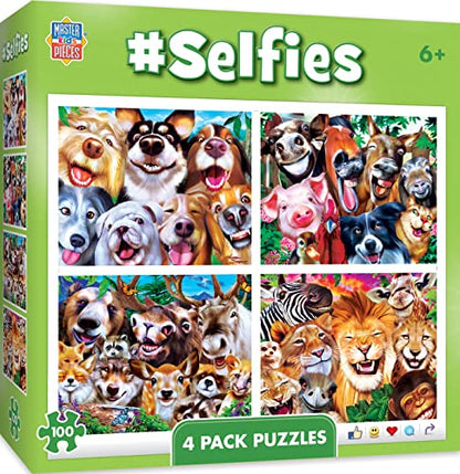 MasterPieces – Jigsaw Puzzle Set for Kids 6+ Years, 4-Pack of 100 Pieces, Educational and Fun Game, Silly Animals Collection, Gift Idea for Children, 8" x 10" - style: Selfies