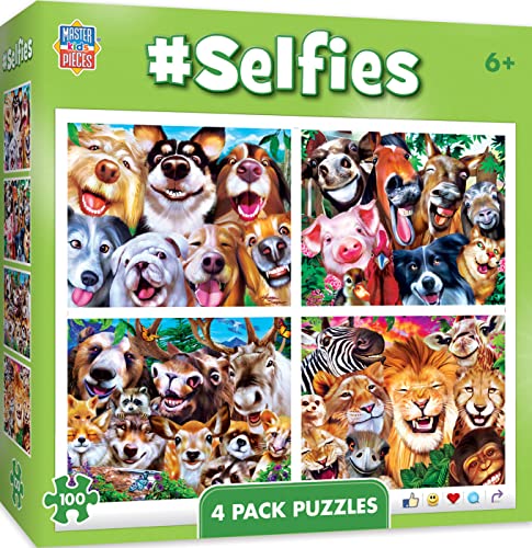 MasterPieces – Jigsaw Puzzle Set for Kids 6+ Years, 4-Pack of 100 Pieces, Educational and Fun Game, Silly Animals Collection, Gift Idea for Children, 8" x 10" - style: Selfies