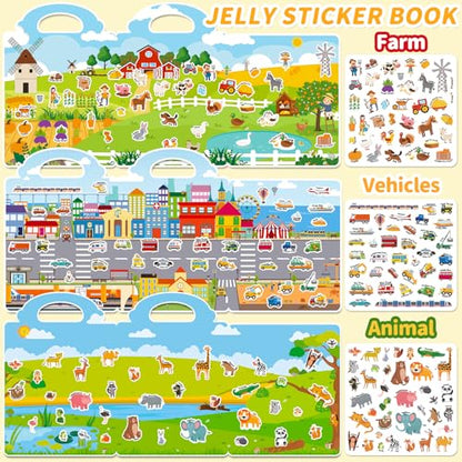 6 Sets Reusable Sticker Book for Toddlers 3-6, Jelly Stickers Book for Kids, Travel Sticker Activity Toys for Childs 3 4 5 6 Years Girls & Boys Best Gifts