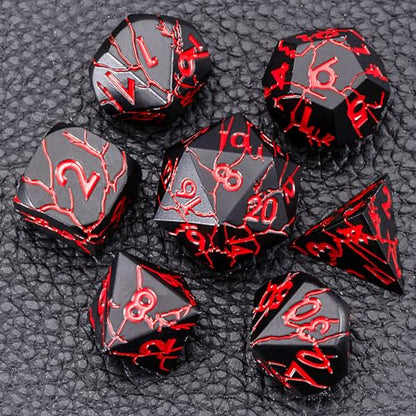 D&D Metal Dice - Sharp Edge Set with Cracks - Polyhedral for D&D RPG & Dungeons and Dragons - color: Matt Black Red