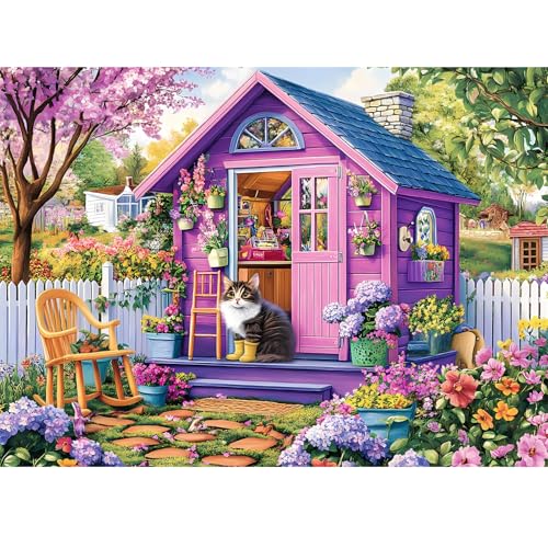 300 Piece Puzzles for Adults,Garden Cottage Jigsaw Puzzle for Kid Seniors | Large Piece Spring Flower House Puzzle for Kids Age 8-10 10-12 ,Cute Kitten Shed Puzzle,Family Game Great Gift 20.5x15in - color: Pink Cabin