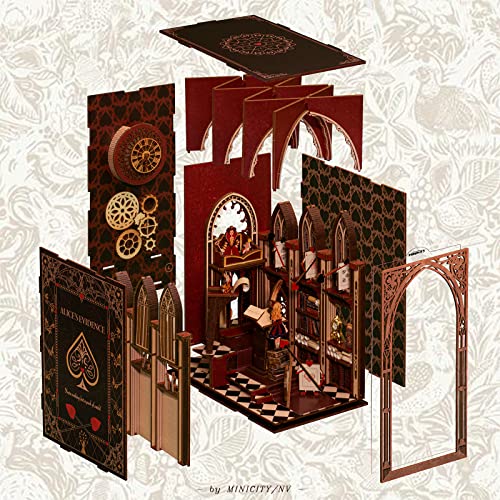 MiniCity Alice in Wonderland Book Nook Kit, DIY 3D Wooden Puzzle with LED | Build Alice's courtroom in 6-8 hr; 267-piece kit includes LED, dust cover, glue/tools and guide for shelf display, ages 14+. - style: Alice in Wonderland