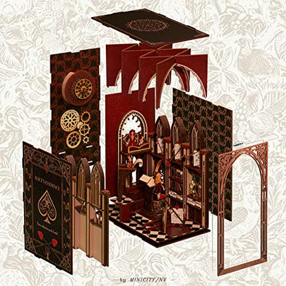 MiniCity Alice in Wonderland Book Nook Kit, DIY 3D Wooden Puzzle with LED | Build Alice's courtroom in 6-8 hr; 267-piece kit includes LED, dust cover, glue/tools and guide for shelf display, ages 14+. - style: Alice in Wonderland
