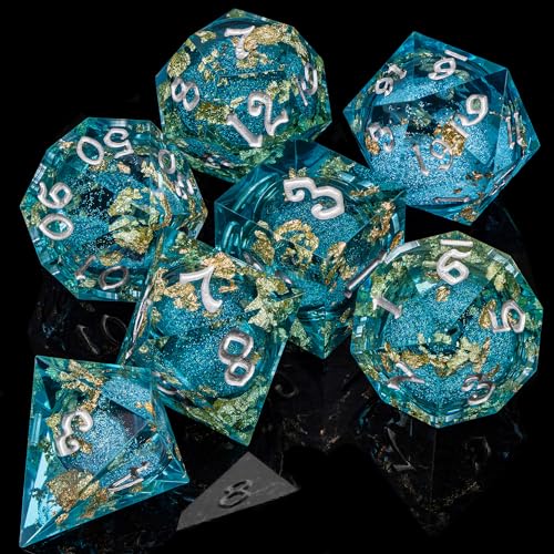 ARUOHHA Liquid Core DND Dice Set, 7pcs Resin Sharp Edged Dragons Dice RPG Role Playing Games, Silver Numbers Blue Dungeons Polyhedral Dice with Gift Box D20 D12 D10 D8 D6 D4 - color: Silver Blue