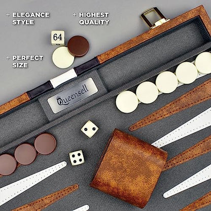 Large Backgammon Sets for Adults - Classic Board Games for 2 Players Adults and Kids - Premium Backgammon Set 15 inch Board and 32 Backgammon Pieces in Quality PU Leather Case - Gift for Man - style: Premium Brown