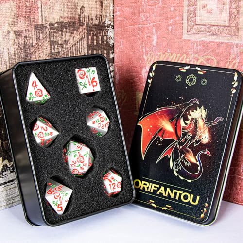 Gothic DND Dice Set Bleeding Rose Metal D and D Dice for use with Dungeons Dragons D&D Role Playing Game, Red RPG Polyhedral Dice Set D20 D12 D10 D8 D6 D4 - color: Red&silver&red Numbers
