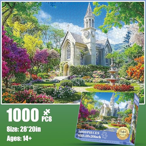 1000 Piece Puzzle for Adults,Little Chapel Puzzles,Beautiful Garden Countryside Jigsaw Puzzles 1000 Pieces,Fun Christian Puzzle for Adults Kids Seniors,Challenging Family Game Great Gift Idea,28x20 in - style: Little Chapel