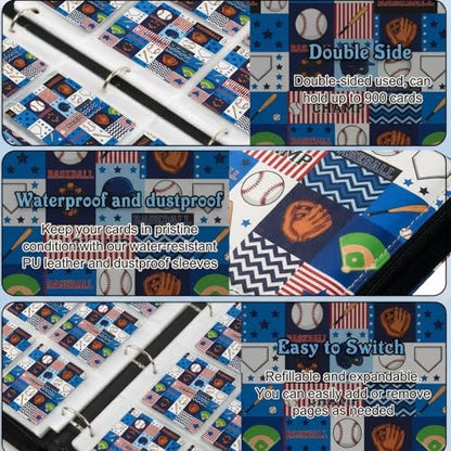 Trading Card Binder 9 Pocket, Baseball Card Binder Holds 900 Cards with 50 Removable Sleeves, Waterproof PU Leather with Zipper Card Collector Album Book Compatible with TCG Cards - color: Baseball