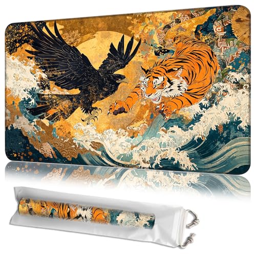 MTG Playmat 24"x14" with Storage Bag, Machine Washable Non-Slip Rubber Mat, 2mm Thick Stitched Edge for Magic The Gathering TCG Players- Japanese Ukiyo-e Eagle and Tiger - color: Japanese Ukiyo-e Eagle and Tiger, size: 24L x 14W inches