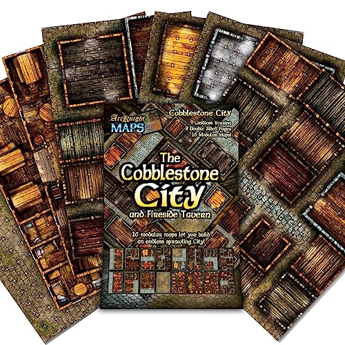 Arcknight The Cobblestone City Roleplaying Battlemaps; 16 Modular RPG Maps in 8 Double-Sided Pages, 1" Square Grid, Modular & Versatile Design for Tabletop Gaming - for Dungeons & Dragons, Pathfinder - style: Cobblestone City