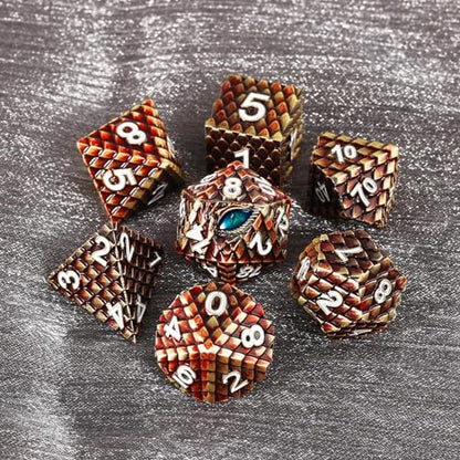 Metal Dice Set D&D,7 PCS Dragon Scale Metallic DND Dice Set,Dragon Eye Metal Dice with Grogeous Gift Case for Dungeons and Dragon Tabletop Game (Reddish Brown Dragon Scale & Cyan Eye) - color: Reddish Brown Dragon Scale & Cyan Eye
