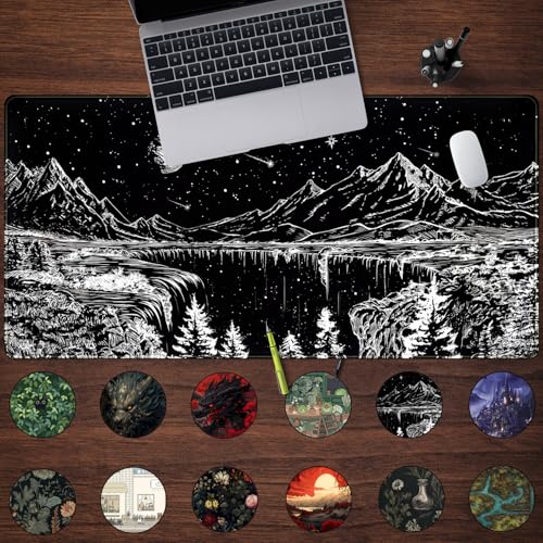 Black and White Desk Mat Dark Nature Forest Mouse pad XXL Starry Night Mountain Desk pad Aesthetic Moon and Stars Mousepad XXL for Laptop Computer Mouse Gaming Keyboard Mat, 31.5 X 15.8 in - color: Night Painting