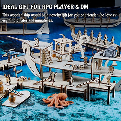 CZYY DND Ship Miniature, 3-Level Wooden Naval Battle Terrain Map | Build Boarding, Pirate & Sea-Monster Encounters, Approx. 23.4 in Long, 1 in Grid, For D&D, Pathfinder & Tabletop RPG