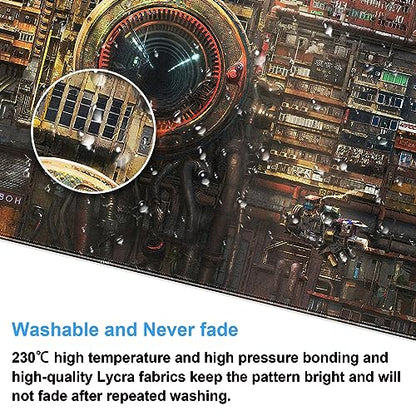 Cyberpunk Mech Desk Mat, Sci-Fi City Large Gaming Mouse Pad | Industrial steampunk city desk pad with thick 3mm cushion, smooth cloth top, and anti-slip backing. - color: Futuristic Art