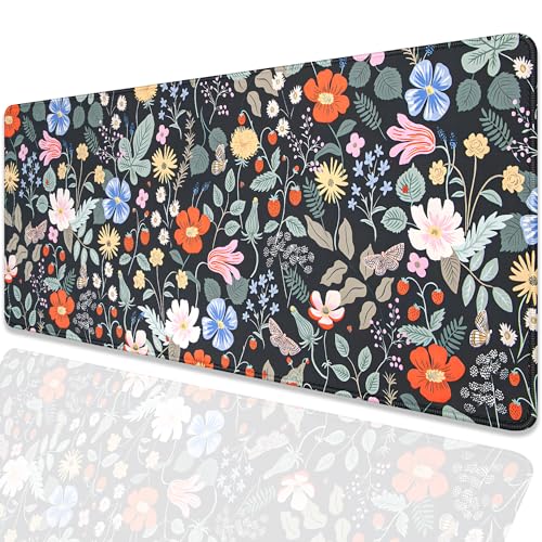 Strawberry Flowers Mouse Pad Desk Pad,Extended Gaming Mouse Mat with Stitched Edges Non-Slip Waterproof Rubber Base Mous Mat for Office,Computer,Keyboard,Laptop and Home Desk Pad(27.5X11.8 in) - color: Flowers and Strawberries
