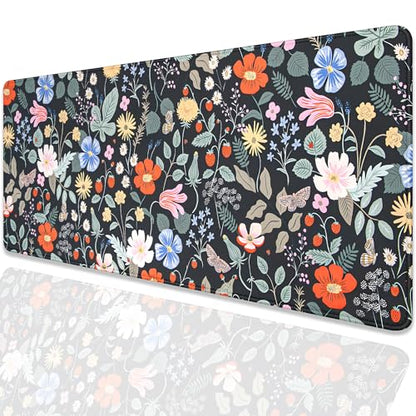 Strawberry Flowers Mouse Pad Desk Pad,Extended Gaming Mouse Mat with Stitched Edges Non-Slip Waterproof Rubber Base Mous Mat for Office,Computer,Keyboard,Laptop and Home Desk Pad(27.5X11.8 in) - color: Flowers and Strawberries