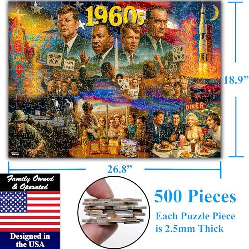 Think2Master 1960s 500 Pieces Very Large Pieces Jigsaw Puzzle: 13+, Teens, Adults & Seniors. Travel Back in Time with the Nostalgic Collage. Great Gift. Size: 26.8” X 18.9” - style: 1960s