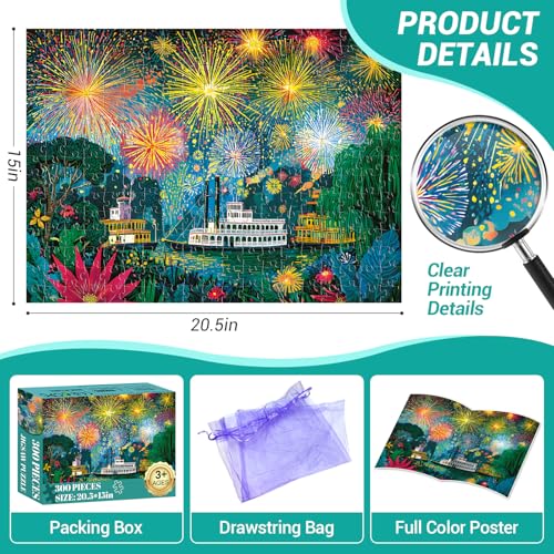 300 Piece Puzzle for Adults, Fireworks Celebration Jigsaw Puzzles, Blossoming Florals and Boats 300 Piece Adult Puzzle with Letters on Back Premium Cardboard Puzzle, Gift for Family, 20.5×15 in - style: Summer Night Fireworks