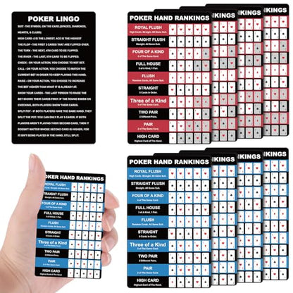 Booson 8Pcs Poker Hand Rankings Chart Rules Plastic Cheat Sheet Cards Reusable Hands Ranking Guide Card for Beginners Texas Hold Game Table Accessories - color: Red and Blue