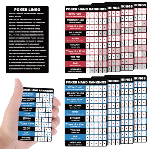 Booson 8Pcs Poker Hand Rankings Chart Rules Plastic Cheat Sheet Cards Reusable Hands Ranking Guide Card for Beginners Texas Hold Game Table Accessories - color: Red and Blue