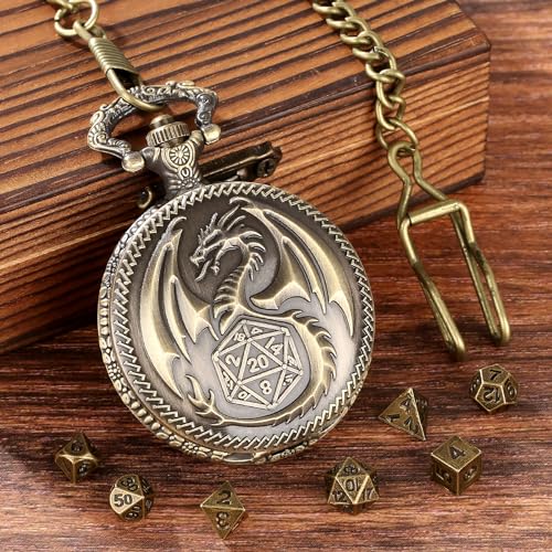 Mini DND Dice Set Steampunk Dragon Pocket Watch Shell Case, 7pcs Polyhedral Metal D&D Dice Set, DND Gifts with Gift Box for Men Women, Role Playing Board Games Accessories, Bronze - color: Bronze
