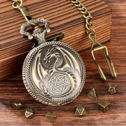 Mini DND Dice Set Steampunk Dragon Pocket Watch Shell Case, 7pcs Polyhedral Metal D&D Dice Set, DND Gifts with Gift Box for Men Women, Role Playing Board Games Accessories, Bronze - color: Bronze