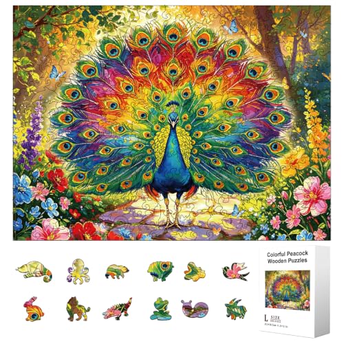 300pcs Wooden Puzzles for Adults Colorful Peacock & Flower | Wood Jigsaw Puzzles with Unique Animal Shaped Pieces Challenging Puzzle for Family Game Birthday Gift Home Decor - color: Peacock & Flower