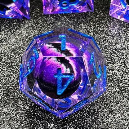 HAOMEJA Resin Dragon Eye DND Dice Set D&D 7 Pcs Resin Sharp Edge Role Playing Dice with Bag, Polyhedral Dungeons and Dragons Dice D20 D12 D10 D100 D8 D6 D4 (Purple & Eye Purple) - color: 7 Eye Purple & Purple