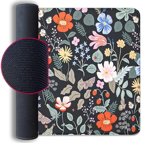 Strawberry Flowers Mouse Pad Desk Pad,Extended Gaming Mouse Mat with Stitched Edges Non-Slip Waterproof Rubber Base Mous Mat for Office,Computer,Keyboard,Laptop and Home Desk Pad(27.5X11.8 in) - color: Flowers and Strawberries