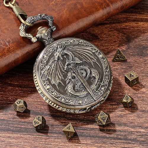 Mini DND Dice Set, Flying Dragon Holds Long Sword Pocket Watch Shell Case, DND Starter Set, 7pcs Polyhedral Metal Dice Set, D&D Gifts with Gift Bag, Role Playing Board Game Accessories,Bronze - color: Bronze