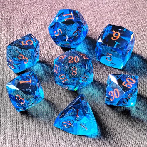 Crystal Multifaceted Polyhedral Dice Set 7 PCS for DND, RPG Tabletop Gaming, Collectors | Tinbox Packing, Gemstone Effect Dice (Sea Blue) - color: Sea Blue