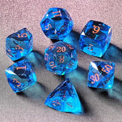 Crystal Multifaceted Polyhedral Dice Set 7 PCS for DND, RPG Tabletop Gaming, Collectors | Tinbox Packing, Gemstone Effect Dice (Sea Blue) - color: Sea Blue