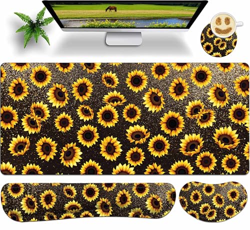 Premium Large Gaming Mouse Pad Set 35.4 x 15.7 with Keyboard Wrist Rest, Wrist Support, and Coaster Memory Foam Smooth Desk Pad Mousepad for Home Office School - Sunflower - color: Sunflower, size: 35.4" x 15.7" x 0.12" (Set of 4 Items)